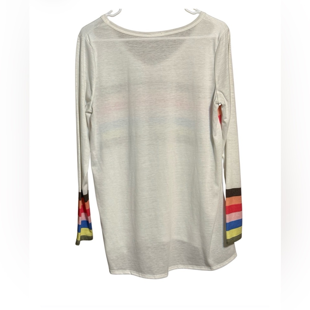 BiBi Rainbow Stripe V Neck Long Sleeve Top Cream Boho Relaxed Medium - Picture 3 of 3